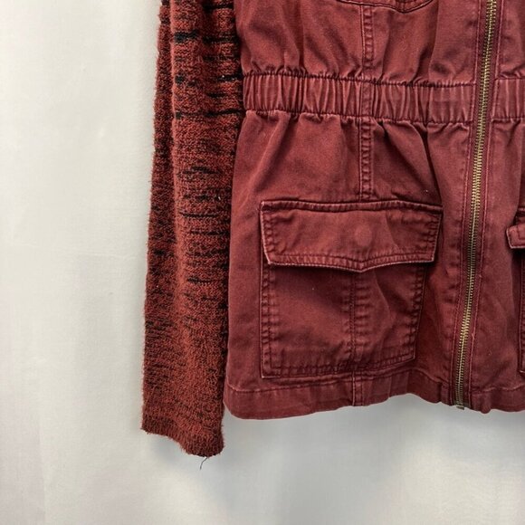 Maurices Womens Long Jean Jacket Wine Full Zip Knit Hood Pockets Collar M - Picture 8 of 10